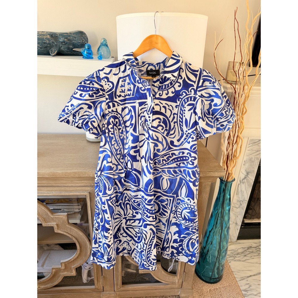 MSK Shift Shirt Dress Womens Blue White Paisley Puff Sleeve M